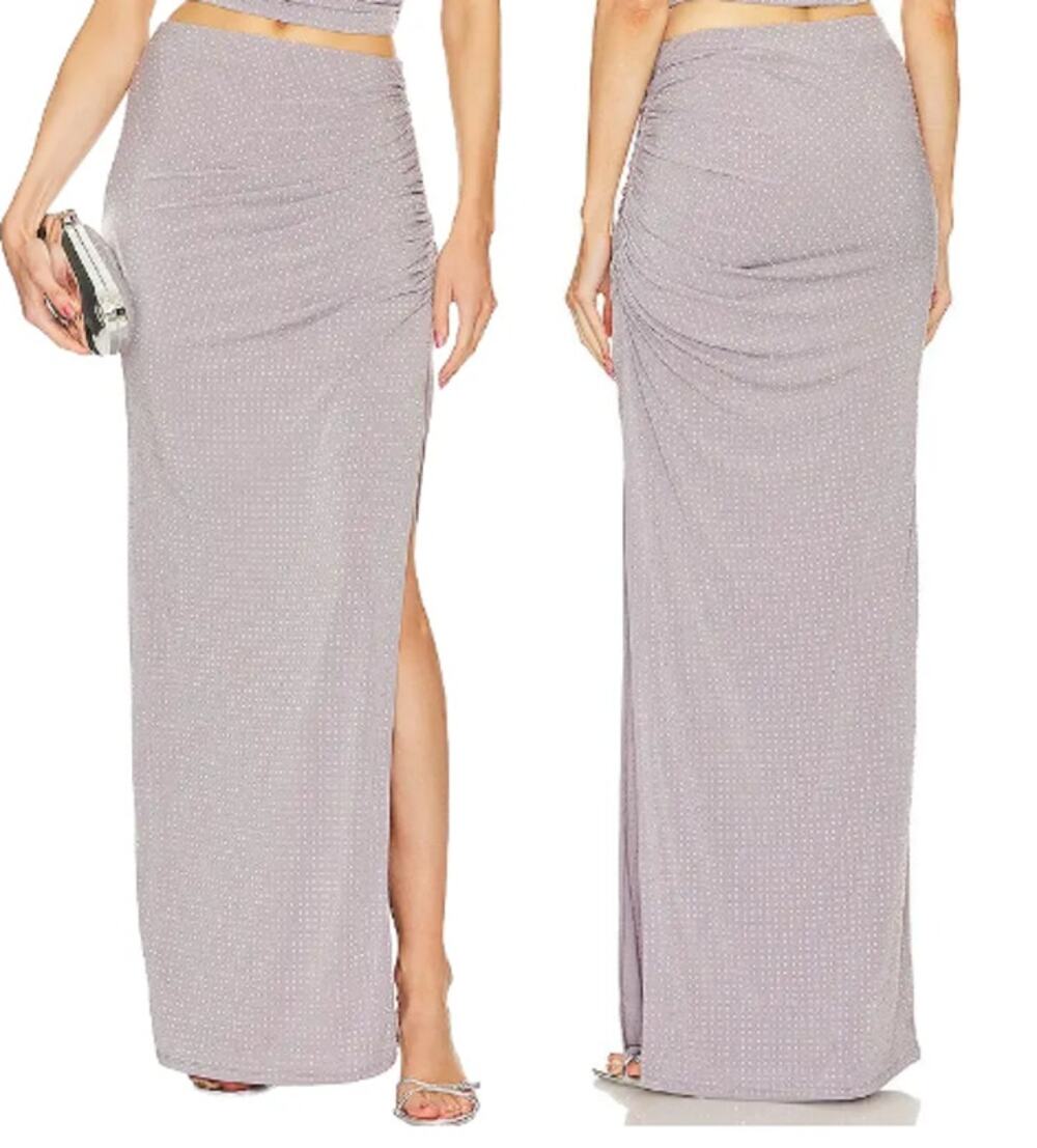 Song of Style Campbell Ruched Crystal Embellished Slit Maxi Dove Grey Women's S